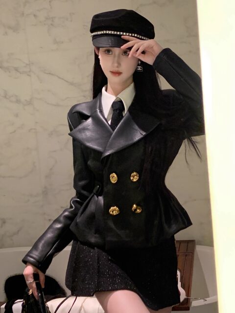 Hollinna Stylish Black Leather Jacket for Women, Autumn/Winter 2025 New Style, Waist-Cinching, Slimming, Versatile, High-End Biker Jacket