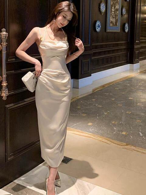 Hollinna backless swing collar satin suspender dress women's spring and autumn 2025 new high-end U-neck long skirt
