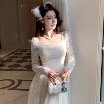 Hollinu Collar Long-Sleeved Lace Shirt for Women, Spring and Autumn 2025 New Fairy Style Slim Short White Base Shirt