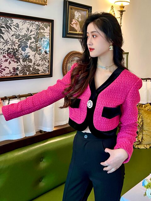 Hollinna woven pink small fragrant style short coat for women spring and autumn high-waisted versatile tops for small people