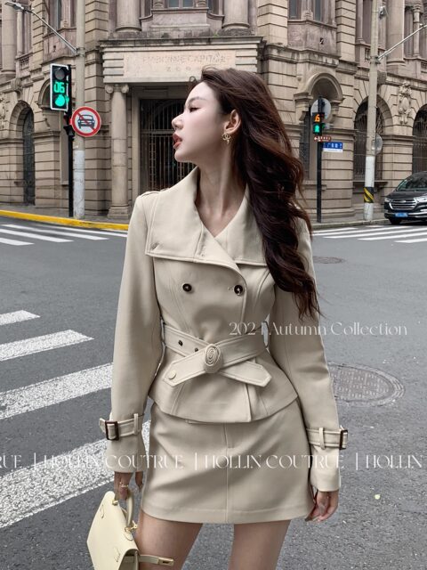 Hollinna Stylish Outdoor Trench Coat Suit Dress for Women, Spring and Autumn, Modern Fashion, High-End Feel, Petite Two-Piece Set