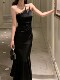 Hollin Oblique Shoulder Strap Black Acetate Dress Women's Spring & Fall 2025 New Sexy Waist Slimming Look Long Skirt
