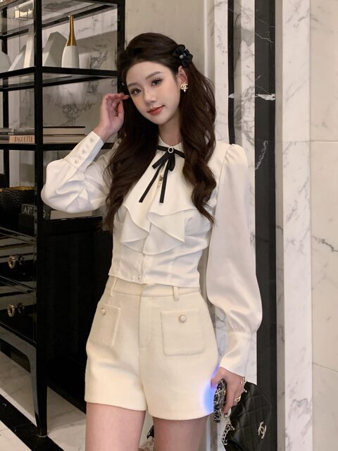 Hollinna French Ruffle Collar Satin Long-Sleeved Shirt for Women Spring & Fall 2025 Design High-End Palace Style Shirt