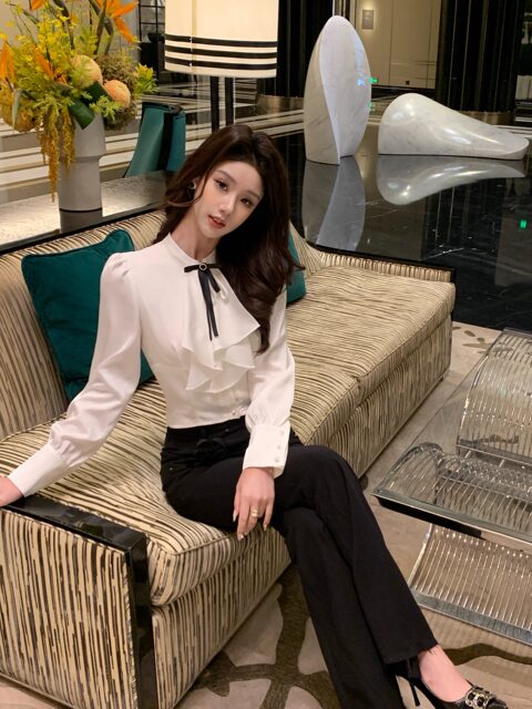 Hollinna French Ruffle Collar Satin Long-Sleeved Shirt for Women Spring & Fall 2025 Design High-End Palace Style Shirt