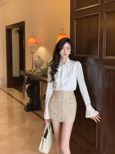 Hollin Bow Elegant Romantic French Satin White Shirt for Women Spring & Fall Bottoming V Neck Long-Sleeved Top for Women