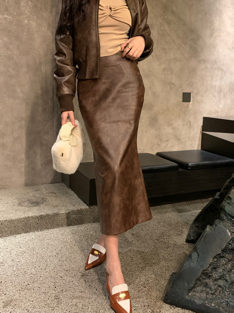 Hollinna Maillard Retro Leather Skirt Women's Autumn and Winter 2025 New Slim High-Waisted Skirt Fishtail Hip Skirt