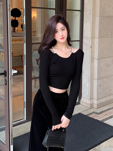 Hollin Rhinestone Knitted Long-Sleeved T-Shirt for Women, Spring and Autumn, Black, Waist-Cinching, Slimming Top, Tight-Fitting, High-End Base Shirt