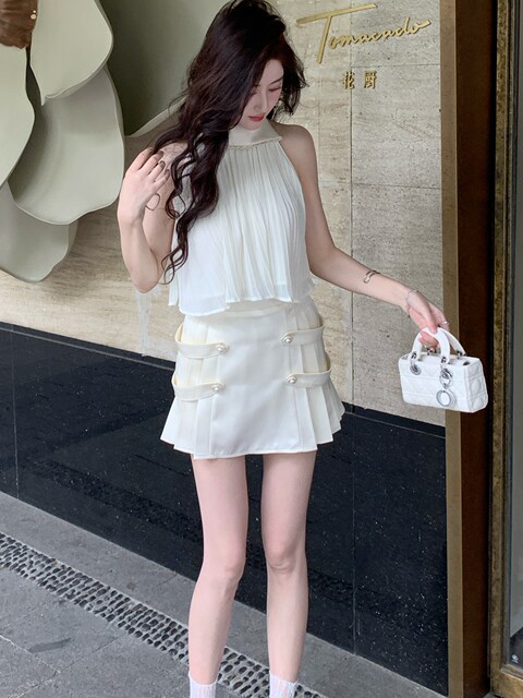 Hollin[White Tea Time]Acetate Pleated Skirt Set for Women Summer 2025 New Designer Original Two-Piece Set