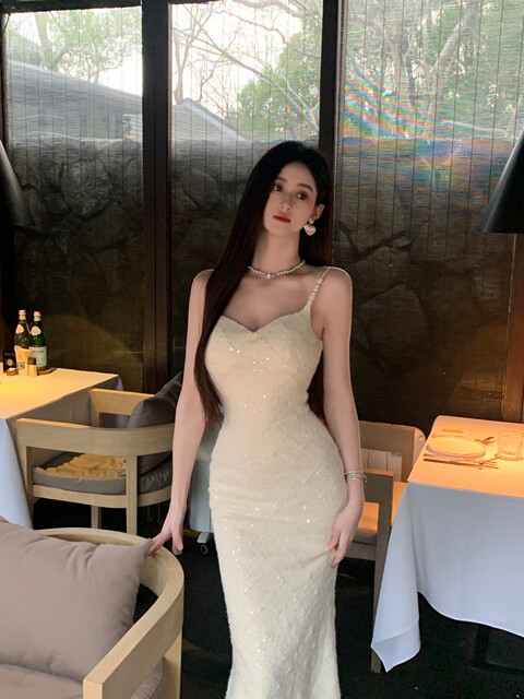 Hollinna Suspender Dress for Women, Spring and Autumn, High-End, Waist-Cinching, Elegant, French-Style Date Dress, Birthday Dress, Long Dress