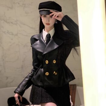 Hollinna Stylish Black Leather Jacket for Women, Autumn/Winter 2025 New Style, Waist-Cinching, Slimming, Versatile, High-End Biker Jacket