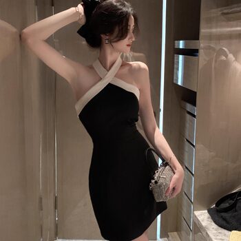 Hollin Pure Desire Cross Halter Neck Bodycon Dress for Women, Summer Socialite Style, High-End, Elegant, Sexy Backless Short Dress