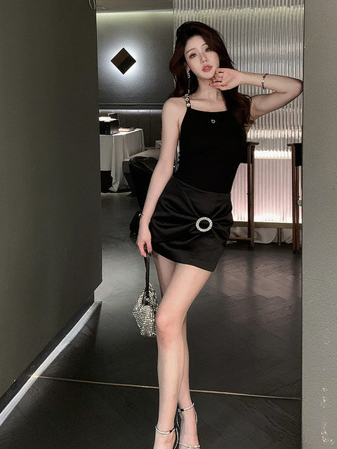 Hollin Twist Knot Satin Black Skirt for Women, Spring and Autumn 2025 New Style, Bodycon Skirt, Short Skirt