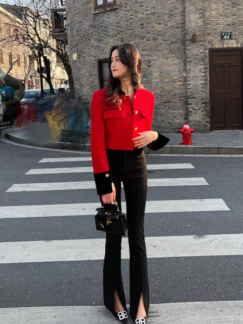 Hollinna Bright Red Wool Tweed Jacket for Women, Versatile Short Design with a High-End Feel for Spring, Autumn, and Winter