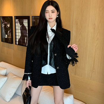 Hollinna Black down Wool Blazer Women's Autumn and Winter 2025 New Thickeneded Fake Two-Piece Casual Suit