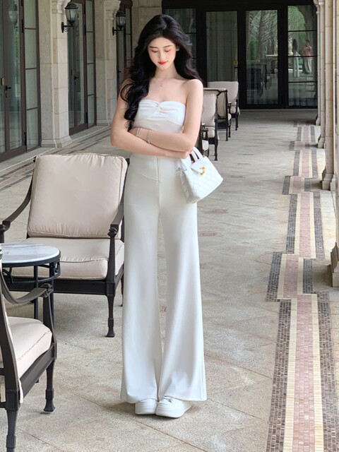 Hollinna [White Peach Bubbles] White Boot-Cut Pants for Women in Spring and Summer with Drapey High-Waisted Wide-Leg Thin Pants for Women