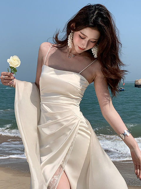 Hollin Lace Spliced Satin Camisole White Dress for Women, Summer Light Luxury High-End High-Slit Midi Dress