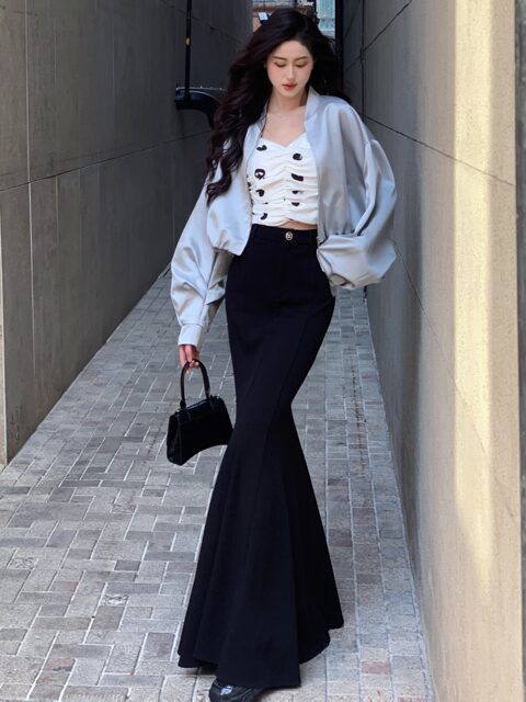 Hollin[Mermaid Ji]Skirt Black Hip Skirt High Waist Fishtail Skirt Women's Spring & Fall 2025 New Long Skirt