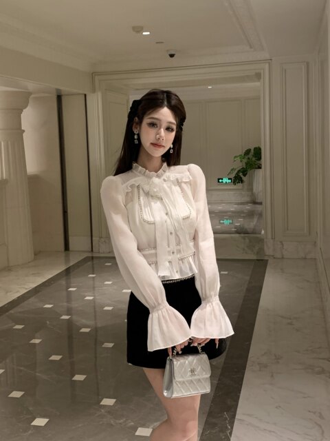 Hollin Palace-Style Rhinestone Chain Puff Sleeve Tencel Shirt for Women 2025 Spring and Summer New Style Noble Style Shirt Top for Women