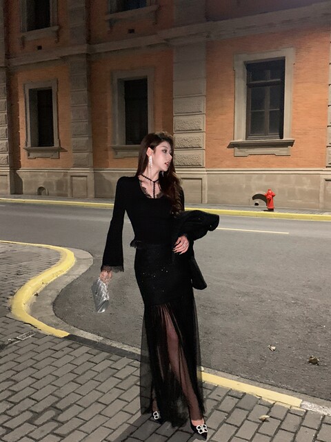 Hollin Eyelash Lace V-Neck Slim-Fit Knitted Base T-Shirt for Women, Spring and Autumn, Sexy and Warm, Socialite Style Top