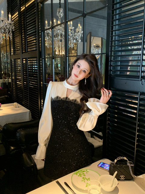 Hollin Patchwork Long-Sleeved Dress for Women, Spring and Autumn 2025 New Design, Waist-Cinching, Slimming, Socialite Style Short Dress