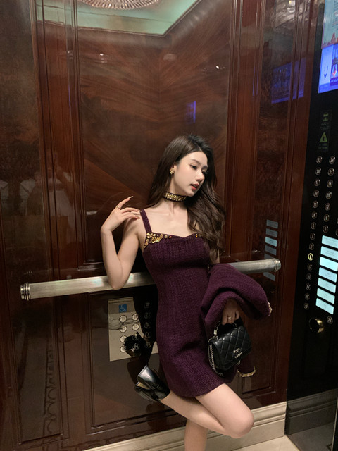 Hollinna Rich Girl Style Purple Tweed Suit Dress for Women, Autumn and Winter Elegant High-End Wool Two-Piece Set