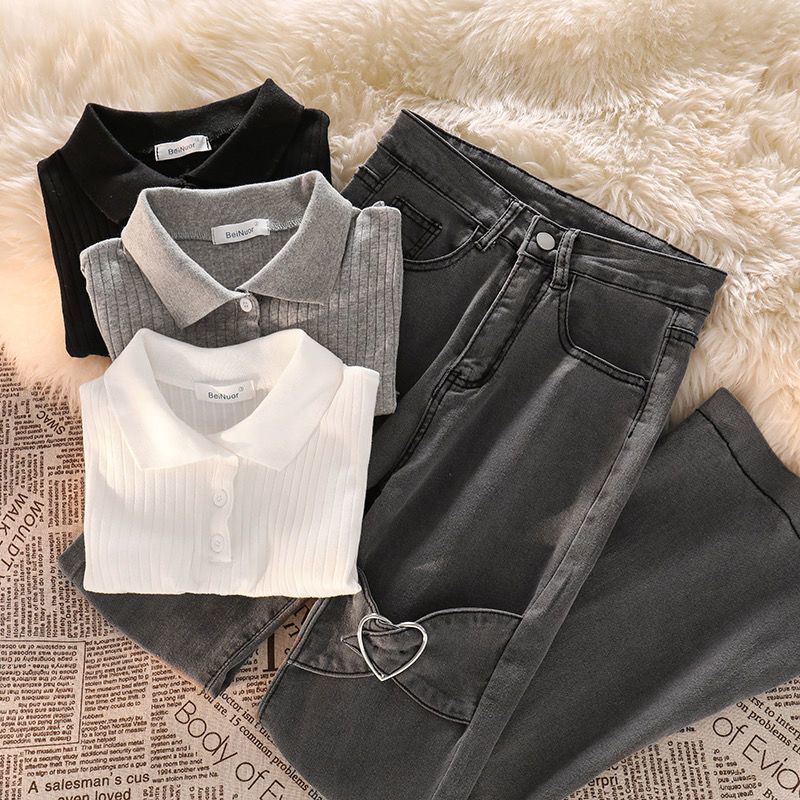 Salt Suit for Women in Summer Hong Kong Style Sexy Short Polo Collar Knitted Top Denim Slit Flared Pants Two-Piece Set