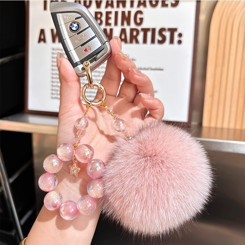 Gypsophila Hand-Twisted Bead Decoration, Light Luxury Fox Fur Ball Car Keychain, Mobile Phone Pendant, High-End Bag Pendant