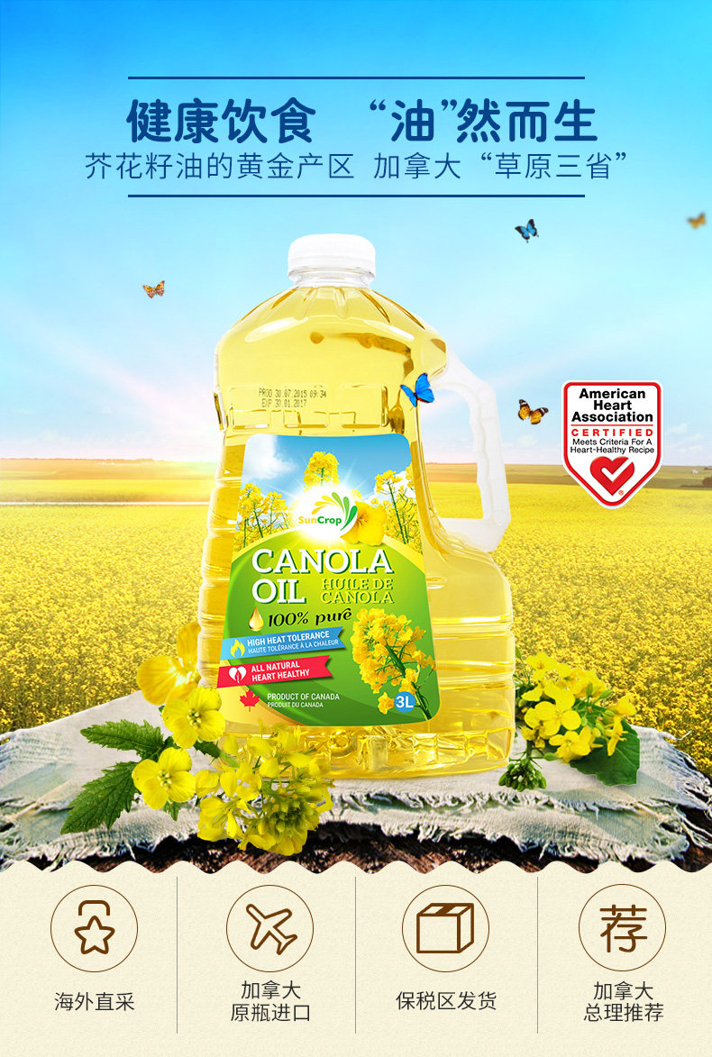 美国心脏协会推荐 SunCrop 加穗满 双低芥花籽油 3L*2瓶 天猫优惠券折后￥118包邮包税（￥148-30）京东￥139.9/瓶