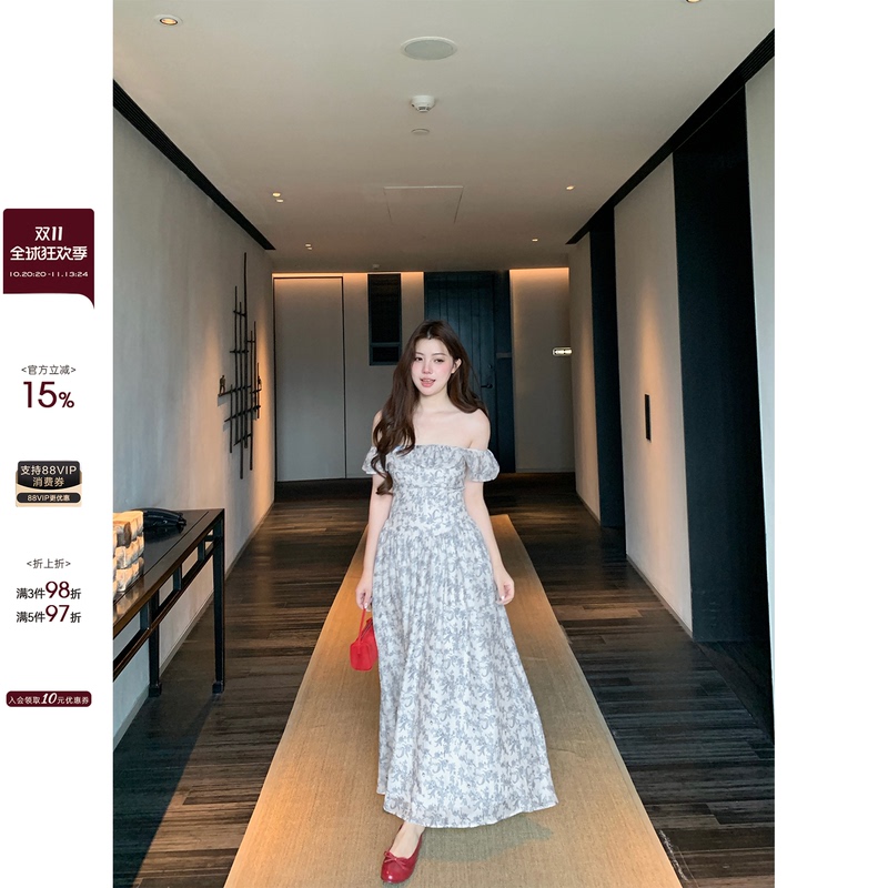 Ono Spicy Xyxy "Sena Flower House" Slightly Plump Girl's French Floral Waist-Cinching Dress, Summer Off-Shoulder Long Dress Ono Spicy Xyxy "Sena Flower House" Slightly Plump Girl's French Floral Waist-Cinching Dress, Summer Off-Shoulder Long Dress