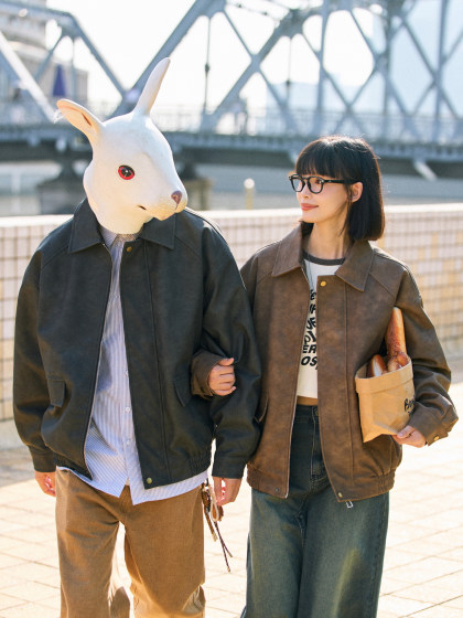 兔先森春秋款日系复古纯色翻领pu皮衣外套男工装皮夹克痞帅机车服