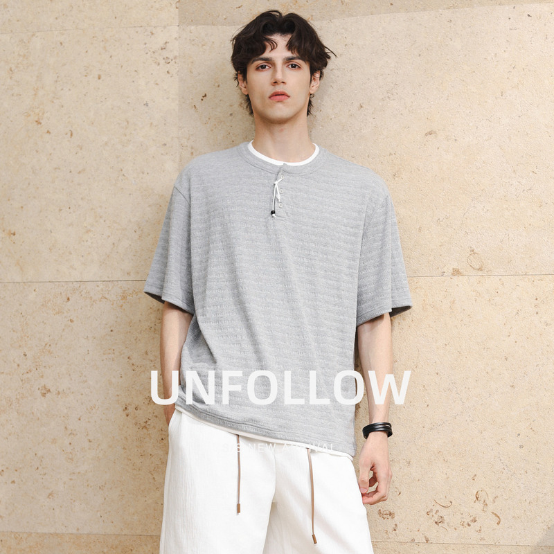 Unfollow Fake Two-Piece Henley Collar Textured Short-Sleeve T-Shirt for Men, New Summer Style Half-Sleeve Loose Top Unfollow Fake Two-Piece Henley Collar Textured Short-Sleeve T-Shirt for Men, New Summer Style Half-Sleeve Loose Top