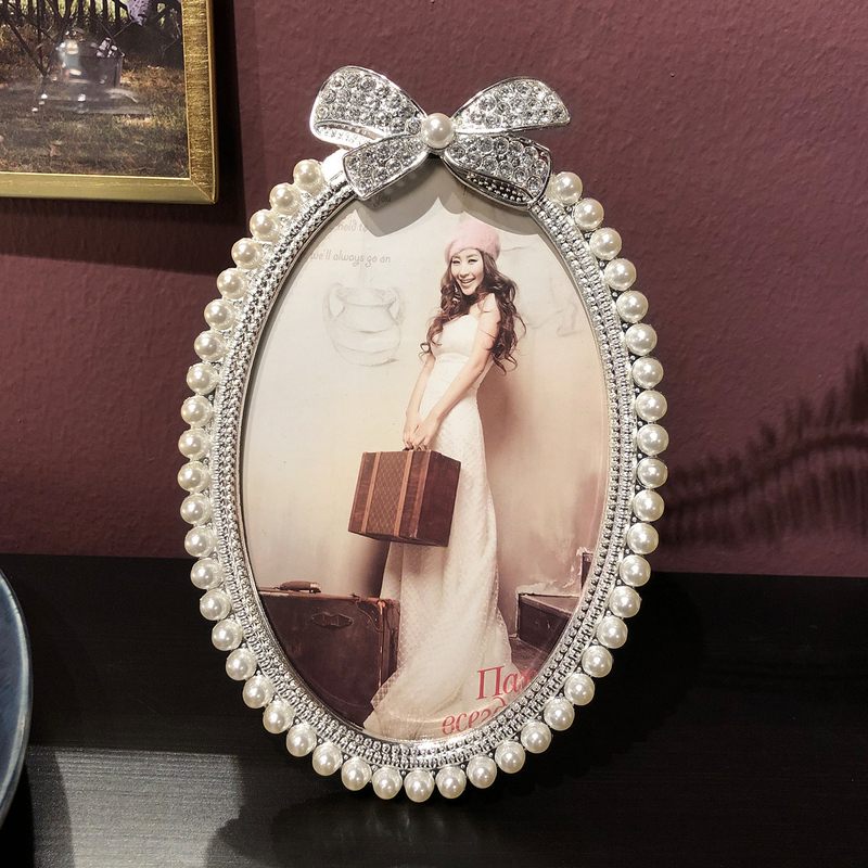 European-Style Tabletop Photo Frame, Simple Metal Oval 3-Inch 6inch 7inch Pearl Combination Creative Children's Wedding Photo Frame
