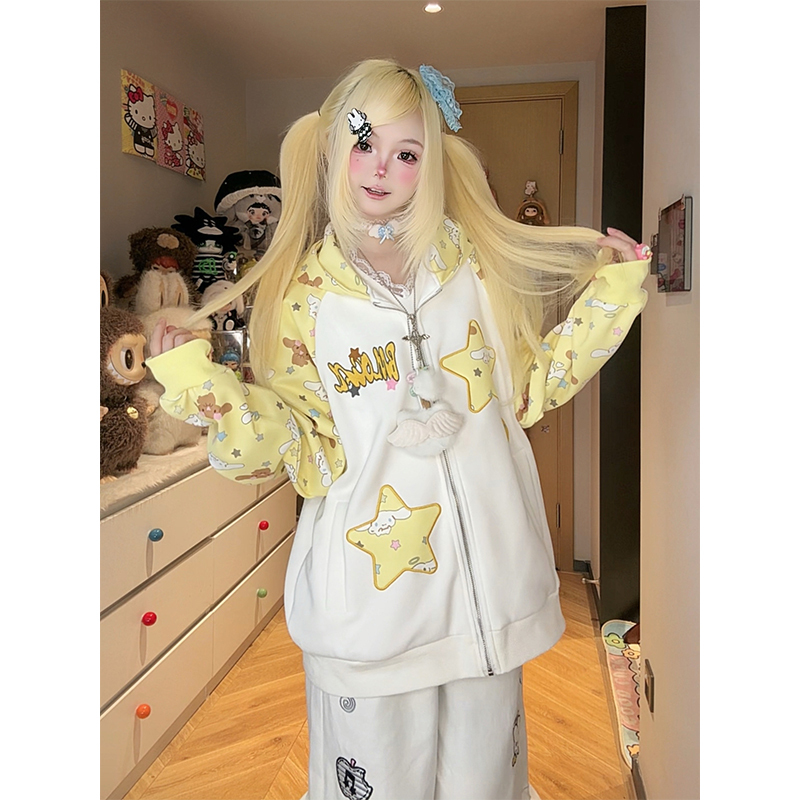 Cute and Stylish 2026 Spring Full Print Rabbit Ear Hooded Cardigan Sweatshirt for Women, Loose Fit, Versatile, Youthful Thin Jacket