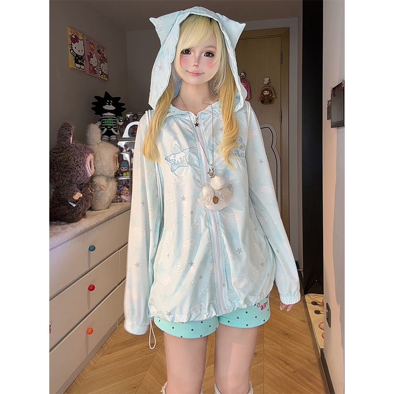 Cute and Cool Summer Cartoon All-Over Print Hooded Long-Sleeve Top, Loose Casual Versatile Age-Reducing Sun-Protective Thin Jacket