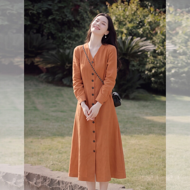 French-Style Casual V-Neck Single-Breasted Dress for Women, Autumn Long-Sleeve Orange Waist-Cinching Slimming Mid-Length Elegant Dress