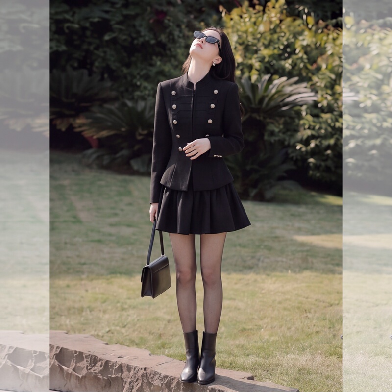 British Style Black Chanel-Inspired Long-Sleeve Fashion Suit for Women, Autumn Double-Breasted Top and High-Waisted Skirt Two-Piece Set