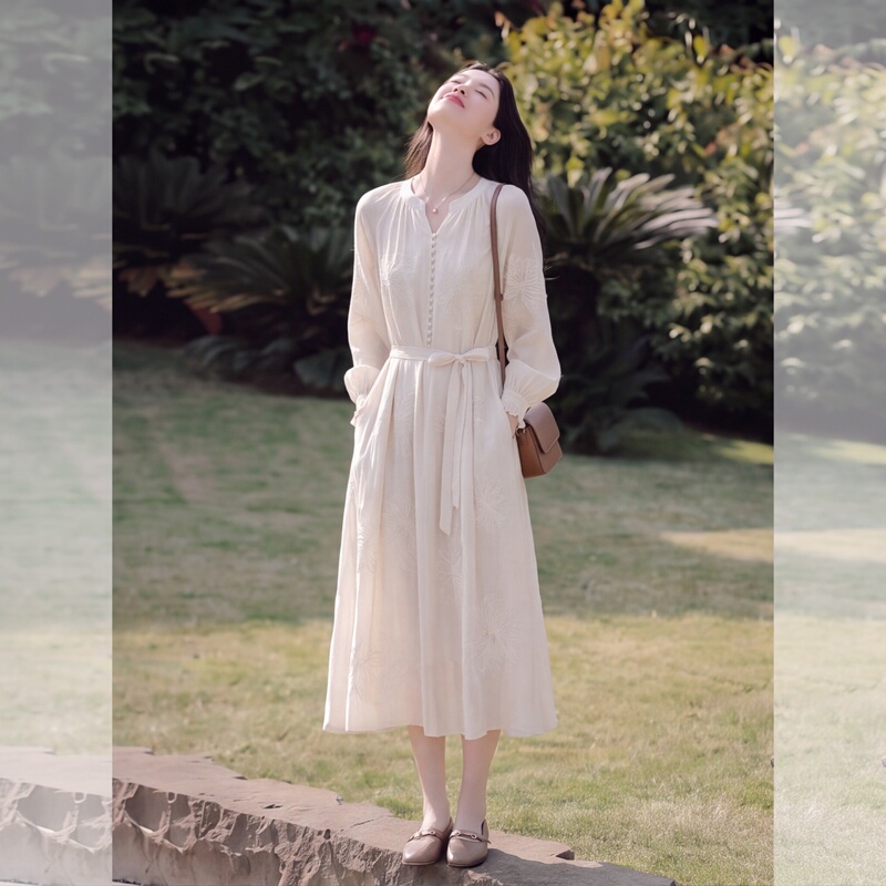 French-Style Gentle White V-Neck Dress for Women, Autumn Mid-Length Long-Sleeve Tie-Waist Slimming Elegant Long Dress French-Style Gentle White V-Neck Dress for Women, Autumn Mid-Length Long-Sleeve Tie-Waist Slimming Elegant Long Dress