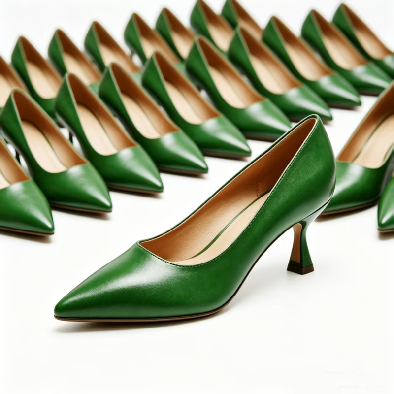 Pink Women's Shoes, Large Size High Heels, All-Season Style, Yellow Mid-Heel Pointed Toe Stiletto Heels, Shallow Mouth Soft Leather Single Shoes, Versatile Green