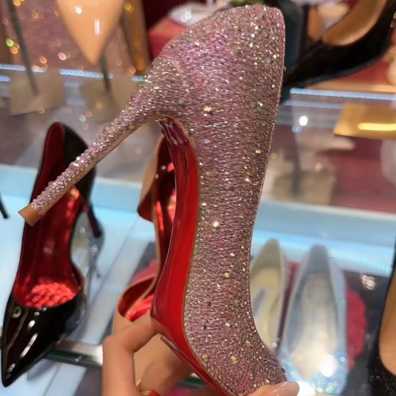 Pink Full-Diamond Red-Soled Shoes, Crystal Wedding Shoes, French Sequin High Heels, Large Size Pointed-Toe Shoes, Black Mid-Heel Shoes for Banquets Pink Full-Diamond Red-Soled Shoes, Crystal Wedding Shoes, French Sequin High Heels, Large Size Pointed-Toe Shoes, Black Mid-Heel Shoes for Banquets