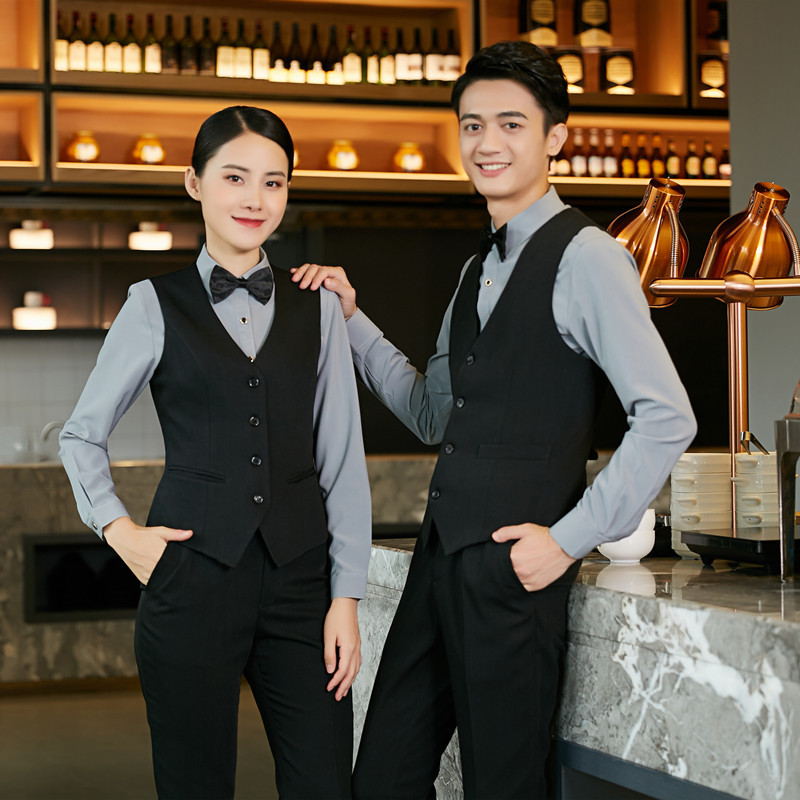 New Restaurant and Bar Work Clothes, Long-Sleeved Shirts for Men and Women, Autumn and Winter Clothing, Hotel Ktv Waiter and Dealer Black Vest