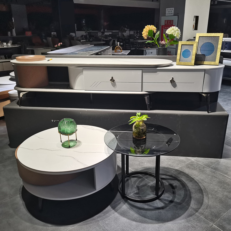Slate coffee table TV cabinet combination rotating round modern minimalist white light luxury home small apartment ins Nordic
