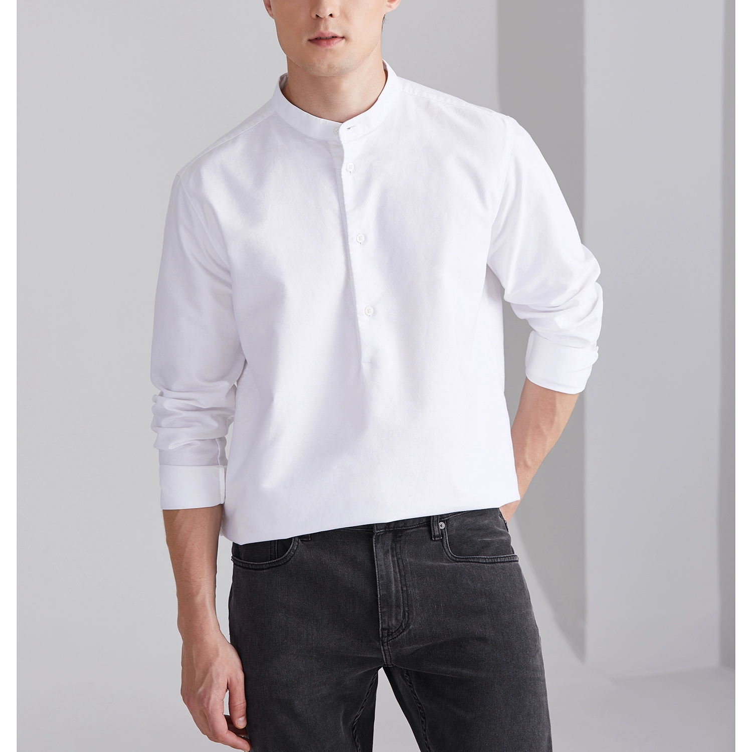 Micro-profile đơn giản và linh hoạt số lượng lớn cotton oxford nam đứng cổ áo rộng rãi áo sơ mi dài tay giản dị DAH375 - Áo