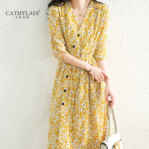 CATHYLADI mulberry silk lined dress women 2020 New V neck tea break skirt high waist single breasted middle skirt