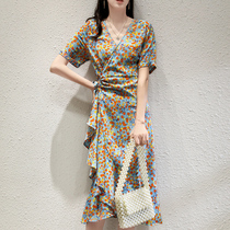 CATHYLADI fishtail dress female 2020 New Tide waist thin oil painting sense lace-up comfortable Medium-length dress