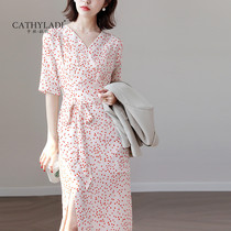 CATHYLADI Lady Van Dress 2020 Spring New Cherry Print V-neck Silk Tea Break Dress Medium-length dress