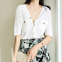 CATHYLADI short sleeve V-neck cardigan thin women Summer outside wool breasted skin-friendly breathable top women