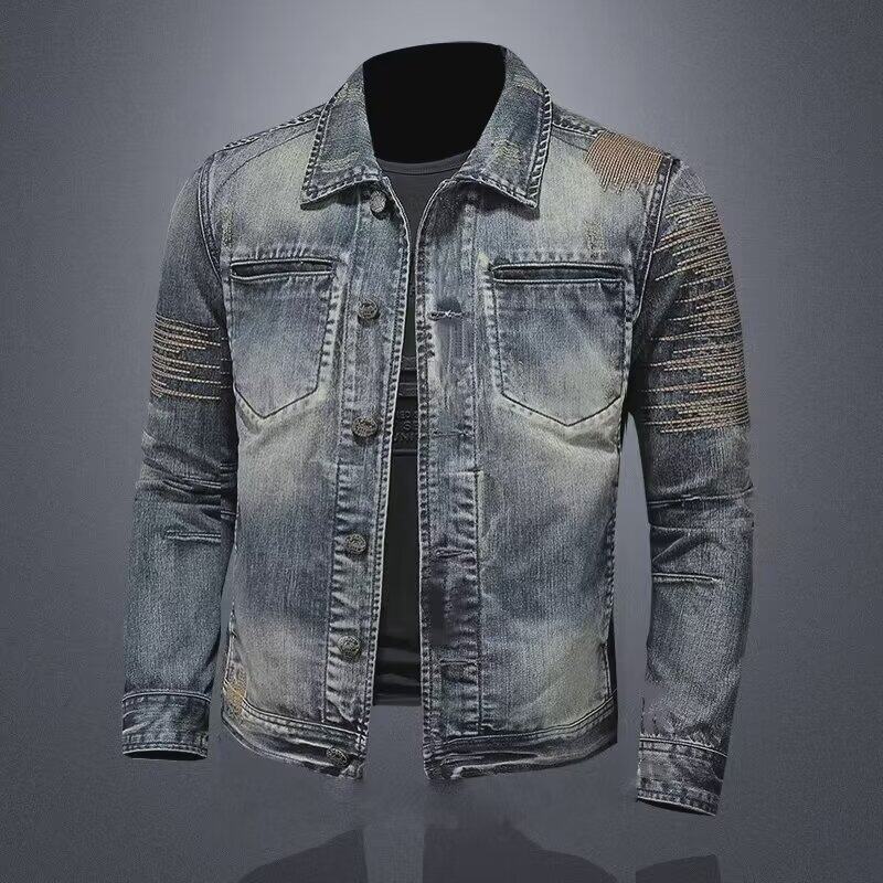 Giacca di jeans vintage da uomo slim fit stile ricamato casual_voghion.com