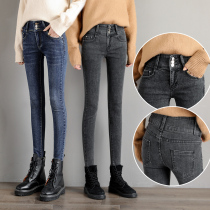 High waist jeans womens spring clothing 2022 new body 100 hitch slim fit slim fit slim fit three rows of buttoned with small footpants