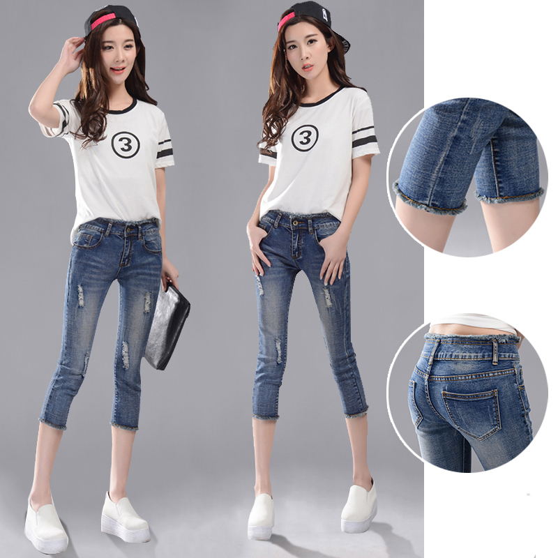 Dark Blue Ripped Cropped Denim Shorts for Women, Summer Thin Stretchy High-Waisted Skinny Over-The-Knee Pants for Petite Women
