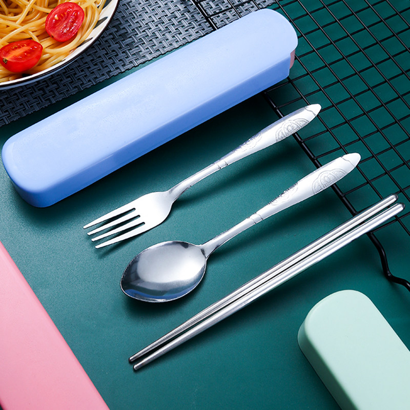 Одноразовый набор портативной посуды из нержавеющей стали палочки для еды набор из трех частей вилка ложка коробка для палочек для еды студенческий ящик для хранения